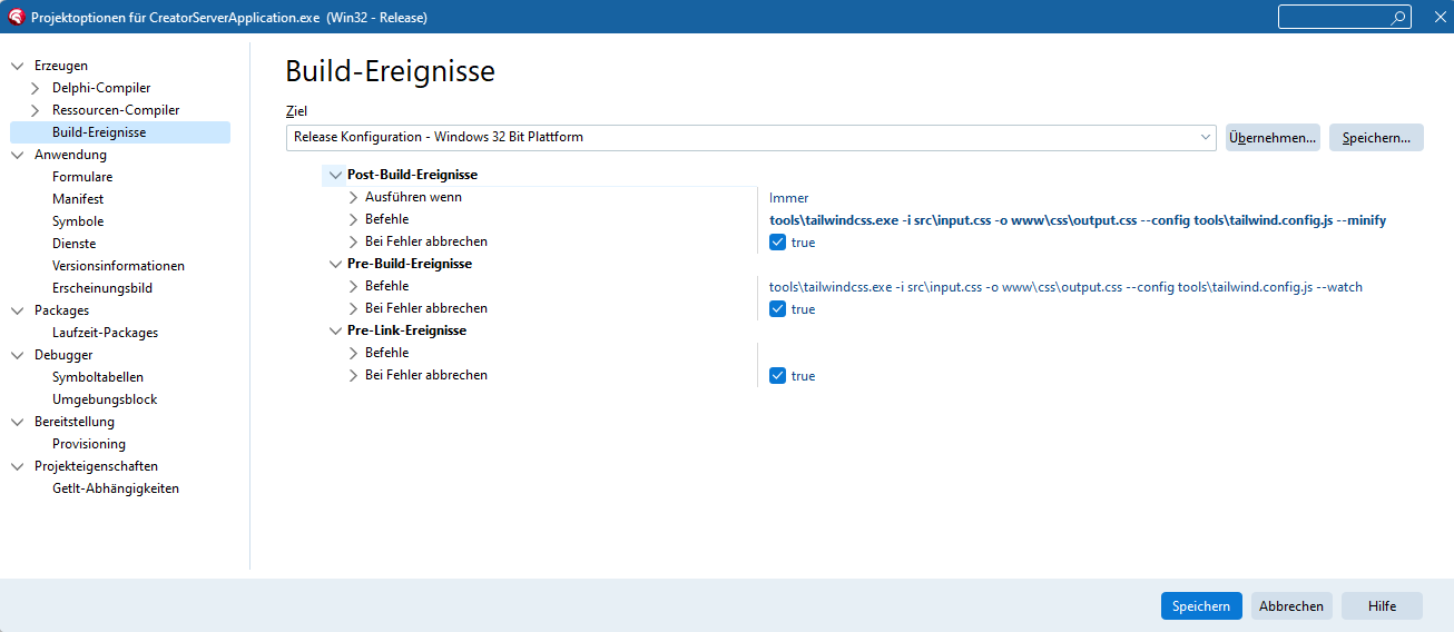 RAD Studio Build Events page with the Tailwind post-build command