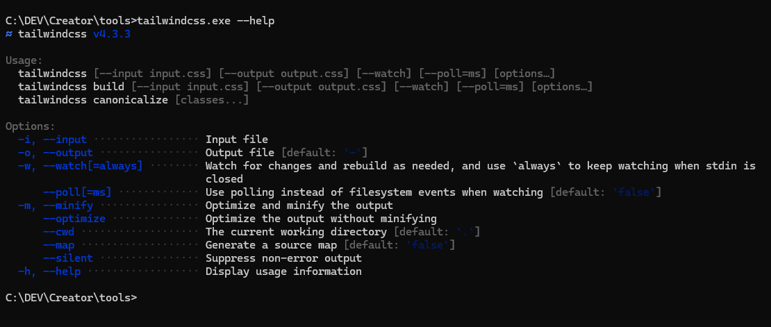 Command prompt showing the output of tailwindcss.exe --help